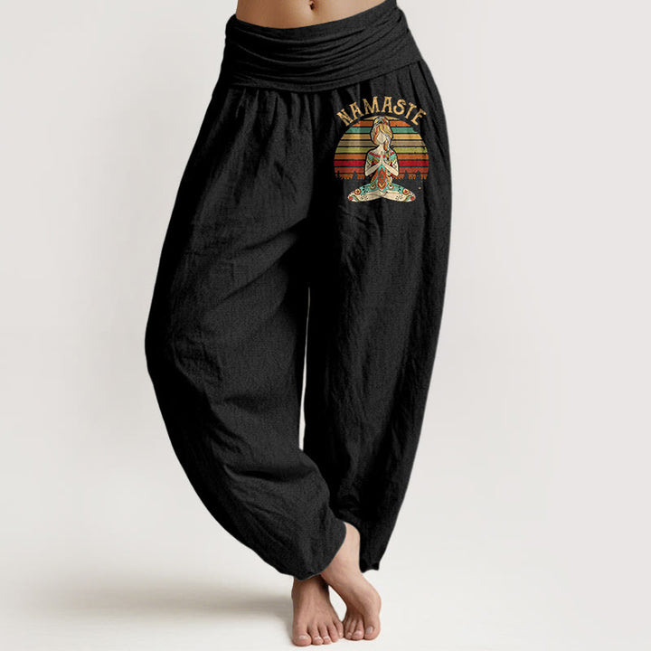 Buddha Stones Spodnie damskie haremowe z czystej bawełny w kolorowe paski z motywem lotosu i medytacji Namaste - Czarny - US16, UK/AU20, EU48 (3XL) - image 0