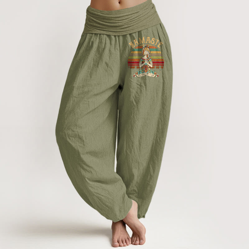 Buddha Stones Spodnie damskie haremowe z czystej bawełny w kolorowe paski z motywem lotosu i medytacji Namaste - Oliwkowy - US16, UK/AU20, EU48 (3XL) - image 14