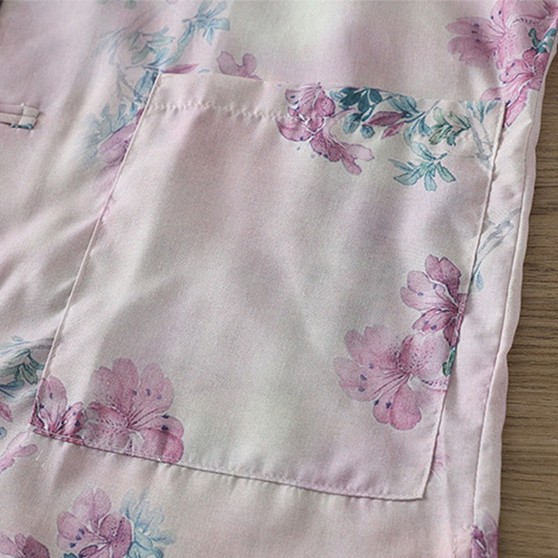 Buddha Stones Koszula damska z długim rękawem z bawełny w kolorze fioletowym, kwiatowym i zielonymi liśćmi, z nadrukiem żabki i stójką - image 6