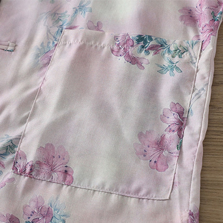 Buddha Stones Koszula damska z długim rękawem z bawełny w kolorze fioletowym, kwiatowym i zielonymi liśćmi, z nadrukiem żabki i stójką - image 6