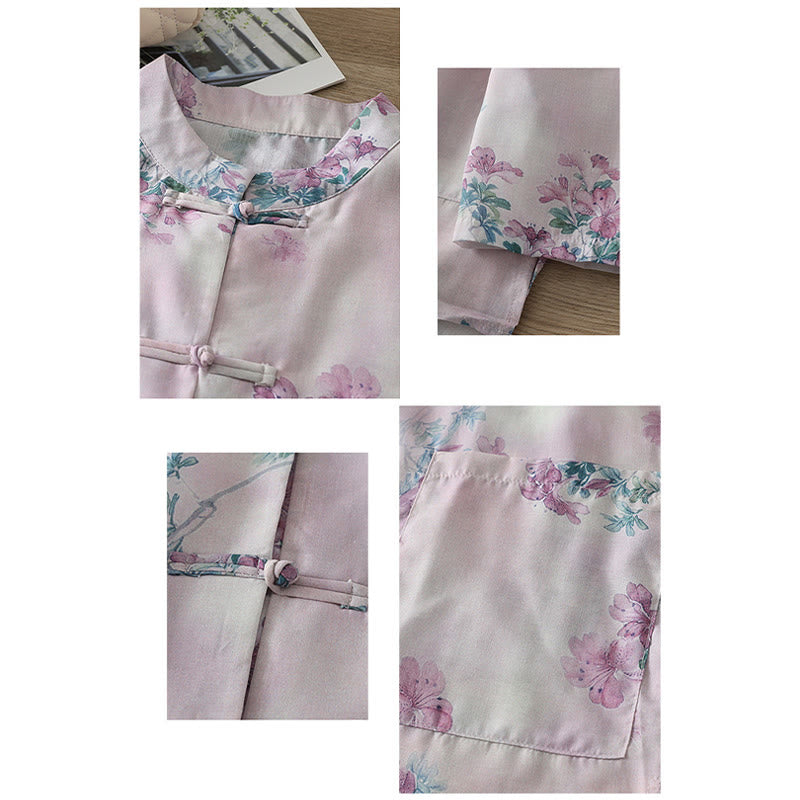 Buddha Stones Koszula damska z długim rękawem z bawełny w kolorze fioletowym, kwiatowym i zielonymi liśćmi, z nadrukiem żabki i stójką - image 2