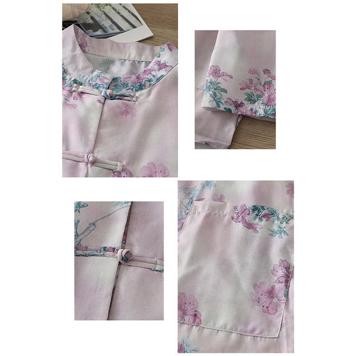 Buddha Stones Koszula damska z długim rękawem z bawełny w kolorze fioletowym, kwiatowym i zielonymi liśćmi, z nadrukiem żabki i stójką - image 2