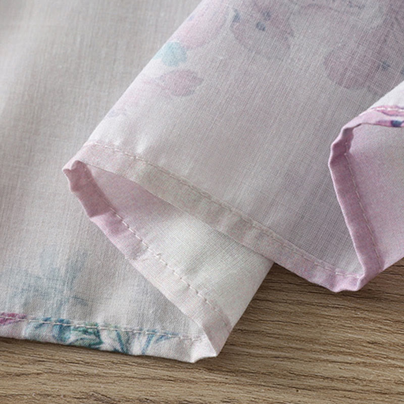 Buddha Stones Koszula damska z długim rękawem z bawełny w kolorze fioletowym, kwiatowym i zielonymi liśćmi, z nadrukiem żabki i stójką - image 10