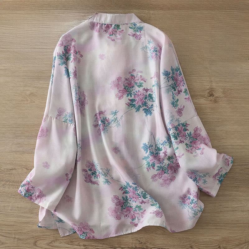 Buddha Stones Koszula damska z długim rękawem z bawełny w kolorze fioletowym, kwiatowym i zielonymi liśćmi, z nadrukiem żabki i stójką - image 1