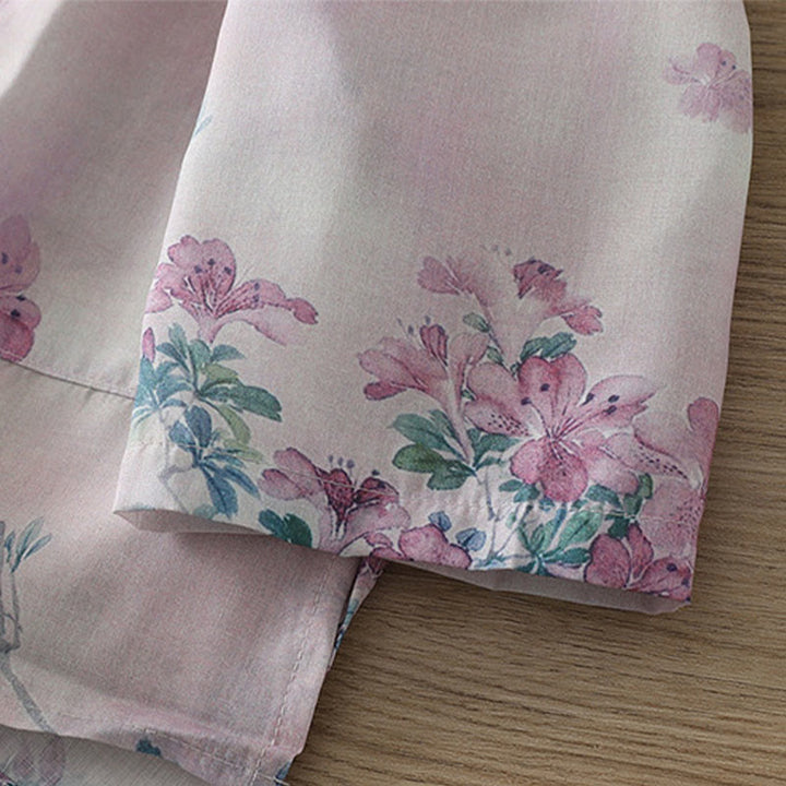 Buddha Stones Koszula damska z długim rękawem z bawełny w kolorze fioletowym, kwiatowym i zielonymi liśćmi, z nadrukiem żabki i stójką - image 9