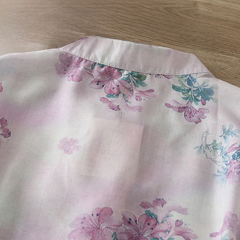 Buddha Stones Koszula damska z długim rękawem z bawełny w kolorze fioletowym, kwiatowym i zielonymi liśćmi, z nadrukiem żabki i stójką - image 4