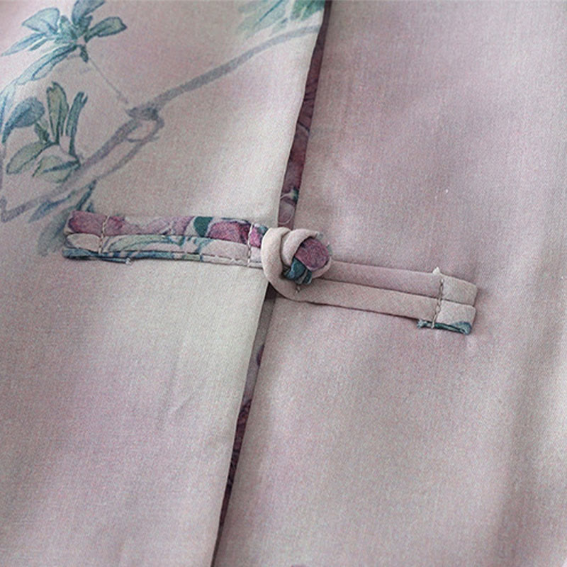 Buddha Stones Koszula damska z długim rękawem z bawełny w kolorze fioletowym, kwiatowym i zielonymi liśćmi, z nadrukiem żabki i stójką - image 5