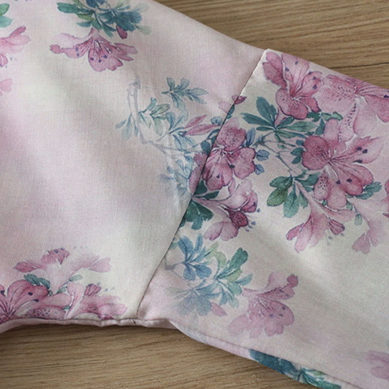 Buddha Stones Koszula damska z długim rękawem z bawełny w kolorze fioletowym, kwiatowym i zielonymi liśćmi, z nadrukiem żabki i stójką - image 8