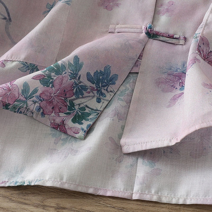 Buddha Stones Koszula damska z długim rękawem z bawełny w kolorze fioletowym, kwiatowym i zielonymi liśćmi, z nadrukiem żabki i stójką - image 7