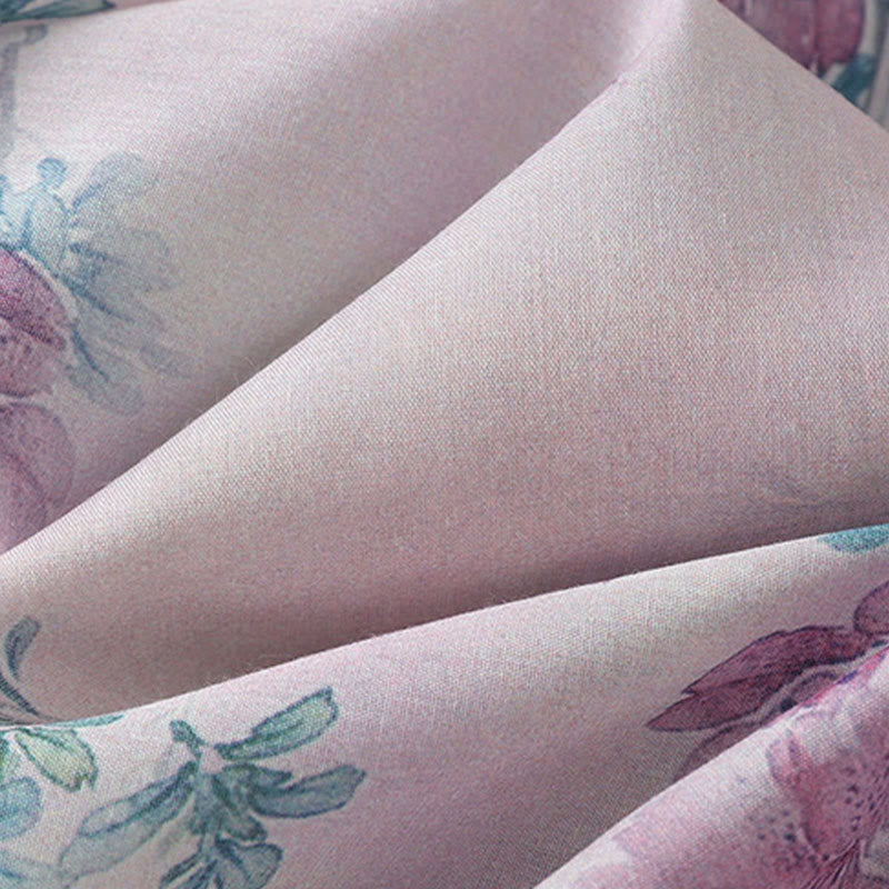 Buddha Stones Koszula damska z długim rękawem z bawełny w kolorze fioletowym, kwiatowym i zielonymi liśćmi, z nadrukiem żabki i stójką - image 11