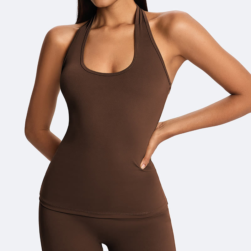 Buddha Stones Solid Crop Halter Backless Sleeveless Top Straight Leg Pants do uprawiania sportu, fitnessu i jogi - SaddleBrown (tylko góra) - US14, UK/AU18, EU46 (2XL) - image 1