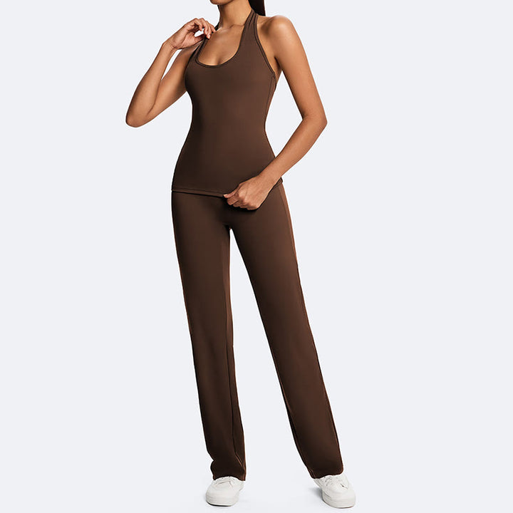 Buddha Stones Solid Crop Halter Backless Sleeveless Top Straight Leg Pants do uprawiania sportu, fitnessu i jogi - image 0