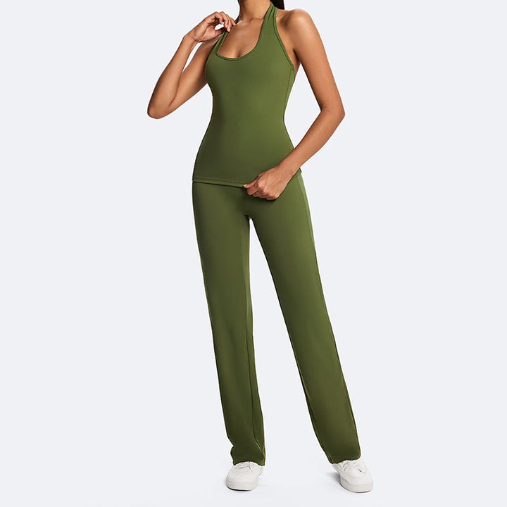 Buddha Stones Solid Crop Halter Backless Sleeveless Top Straight Leg Pants do uprawiania sportu, fitnessu i jogi - image 14