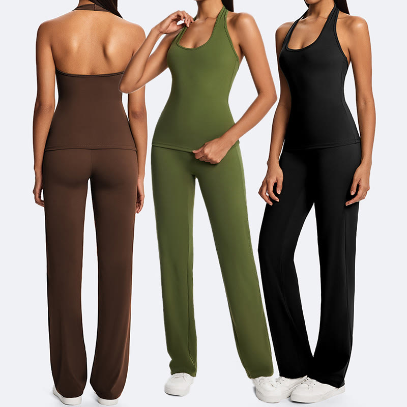 Buddha Stones Solid Crop Halter Backless Sleeveless Top Straight Leg Pants do uprawiania sportu, fitnessu i jogi - image 29
