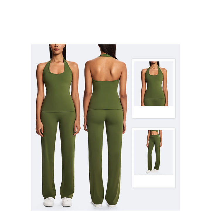 Buddha Stones Solid Crop Halter Backless Sleeveless Top Straight Leg Pants do uprawiania sportu, fitnessu i jogi - image 19