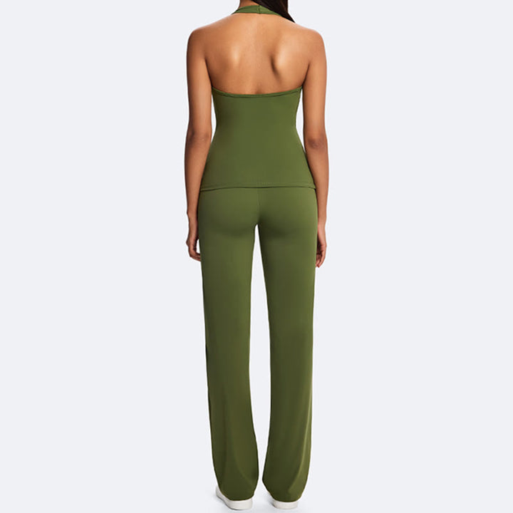 Buddha Stones Solid Crop Halter Backless Sleeveless Top Straight Leg Pants do uprawiania sportu, fitnessu i jogi - image 16