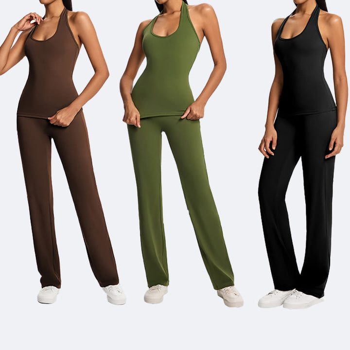 Buddha Stones Solid Crop Halter Backless Sleeveless Top Straight Leg Pants do uprawiania sportu, fitnessu i jogi - image 28