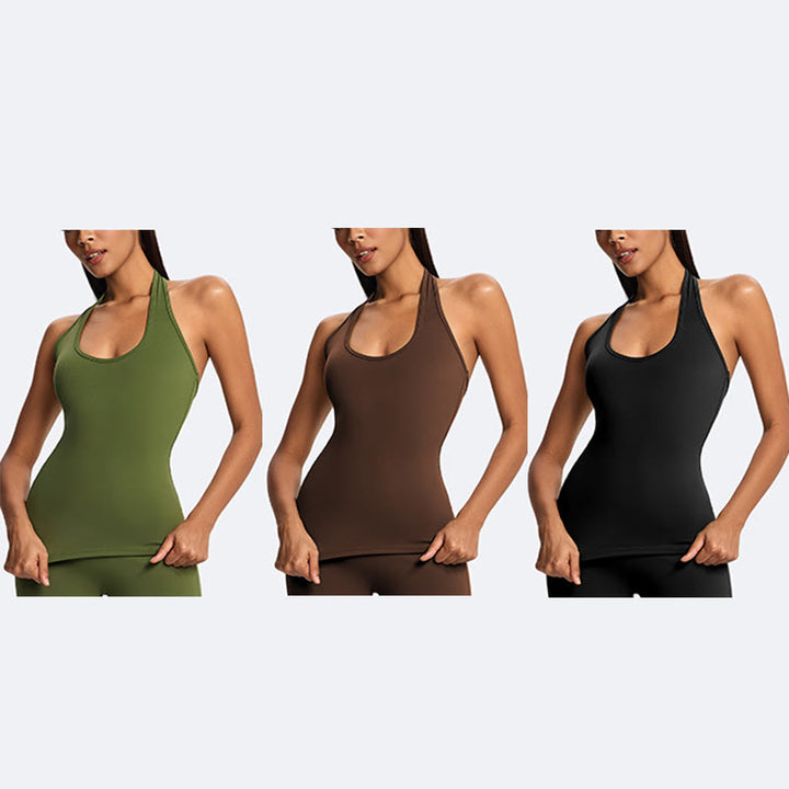 Buddha Stones Solid Crop Halter Backless Sleeveless Top Straight Leg Pants do uprawiania sportu, fitnessu i jogi - image 27