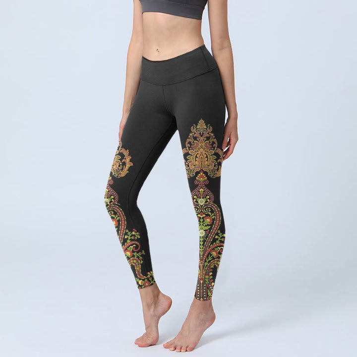 Buddha Stones Legginsy do jogi damskie w wielokolorowe wzory paisley i kwiaty - Czarny - US18, UK/AU22, EU50 (4XL) - image 0