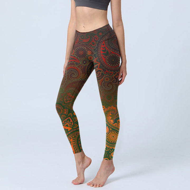 Buddha Stones Damskie legginsy do jogi z nadrukiem paisley i kwiatami nerkowca - SaddleBrown - US18, UK/AU22, EU50 (4XL) - image 0