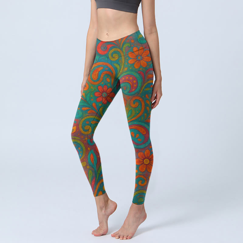 Buddha Stones Damskie legginsy do jogi z motywem kwiatów i wzorem paisley - ŚredniaAkwamaryna - US18, UK/AU22, EU50 (4XL) - image 0
