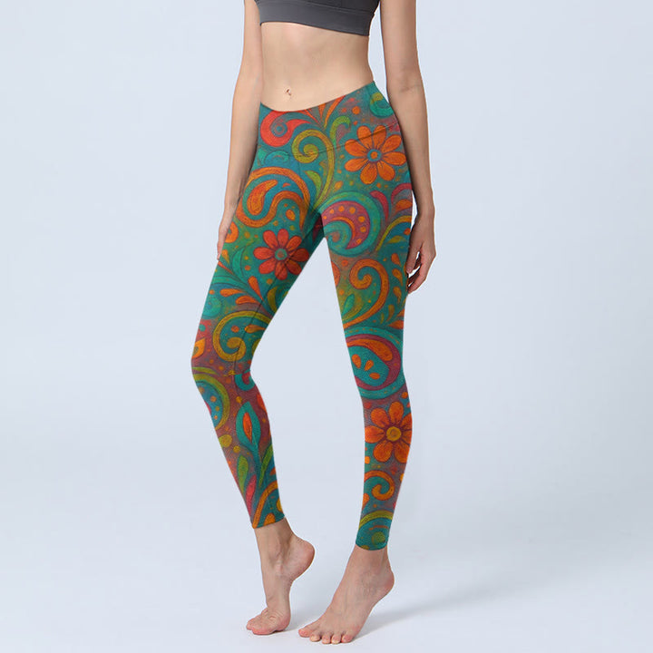 Buddha Stones Damskie legginsy do jogi z motywem kwiatów i wzorem paisley - ŚredniaAkwamaryna - US18, UK/AU22, EU50 (4XL) - image 0