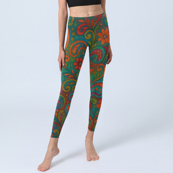 Buddha Stones Damskie legginsy do jogi z motywem kwiatów i wzorem paisley - image 5