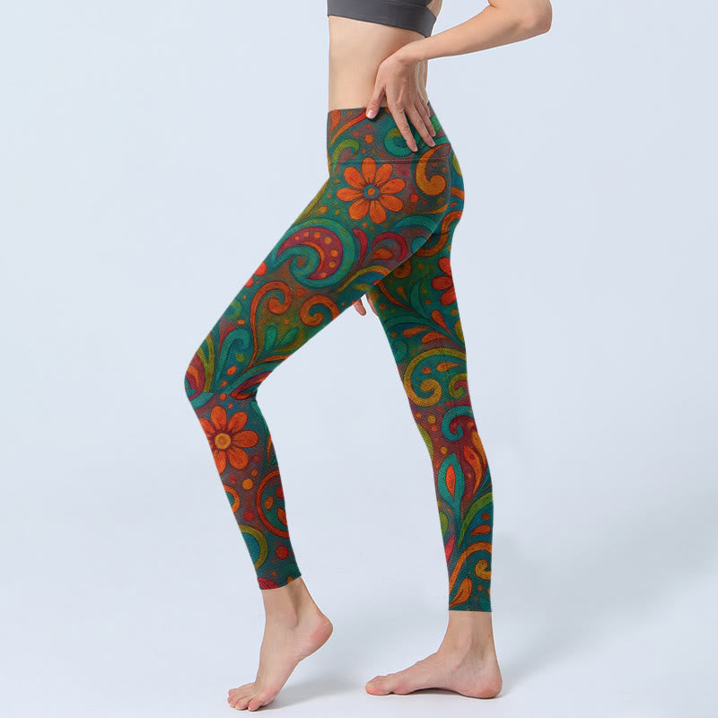 Buddha Stones Damskie legginsy do jogi z motywem kwiatów i wzorem paisley - image 2