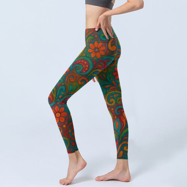 Buddha Stones Damskie legginsy do jogi z motywem kwiatów i wzorem paisley - image 2