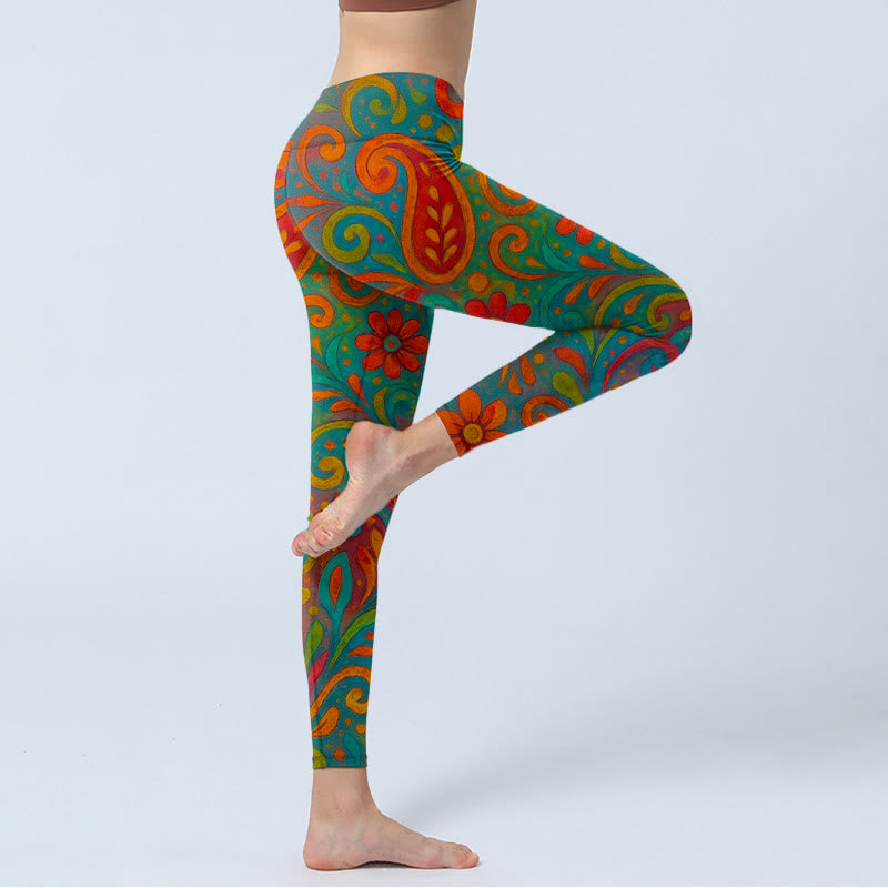 Buddha Stones Damskie legginsy do jogi z motywem kwiatów i wzorem paisley - image 3