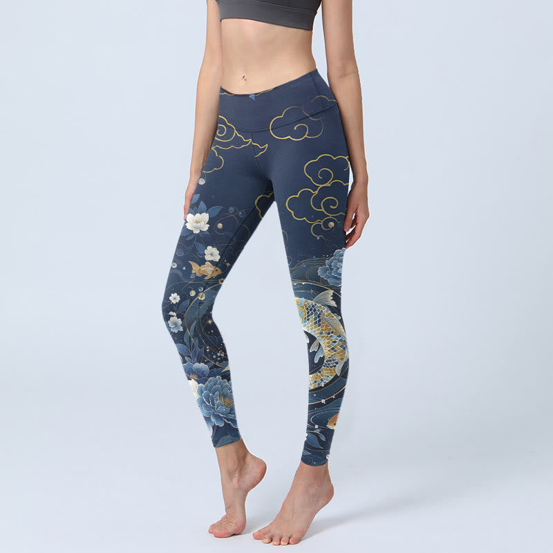 Buddha Stones Legginsy do jogi damskie w kolorze niebiesko-białym z motywem piwonii i rybki koi - Stalowoniebieski - US18, UK/AU22, EU50 (4XL) - image 0