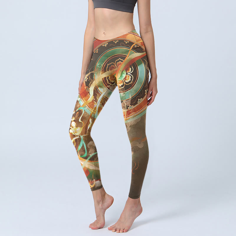Buddha Stones Legginsy damskie do ćwiczeń i jogi z nadrukiem mandali latających apsar z Dunhuang - Ciemny Khaki - US18, UK/AU22, EU50 (4XL) - image 0