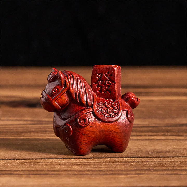 Buddha Stones Rok Konia Zdobądź bogactwo Zielone drzewo sandałowe Małe liście Czerwone drzewo sandałowe Drewno lipowe Zwierzęta Pozytywna dekoracja - Drobnolistny czerwony sandałowiec (51*54*30mm) - image 14