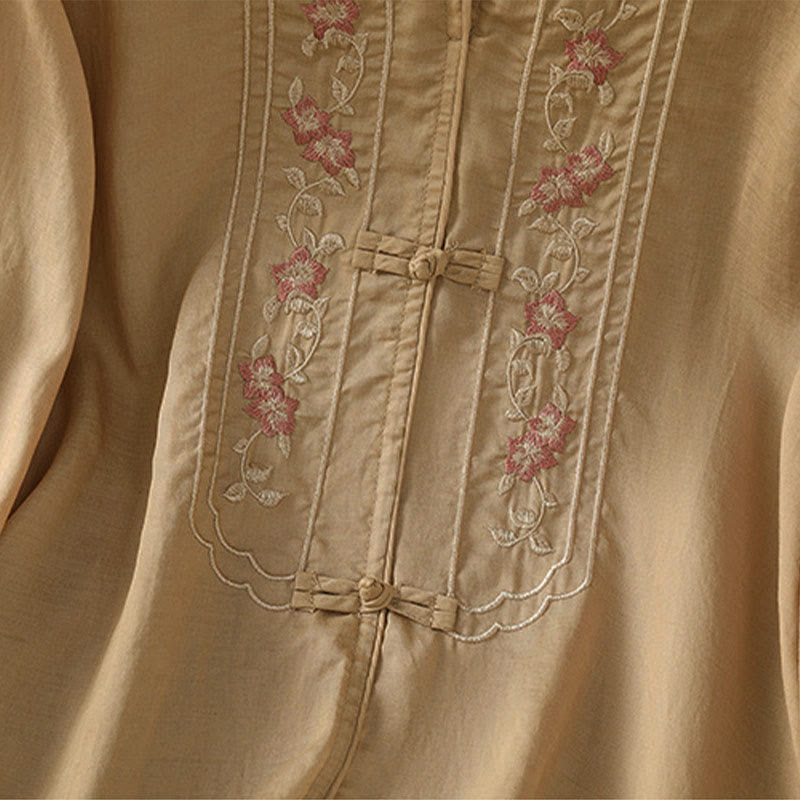 Koszula damska z kołnierzykiem w kształcie żaby z Buddha Stones, haftowanym kwiatem i elastycznym mankietem, z rękawem trzy czwarte - image 10