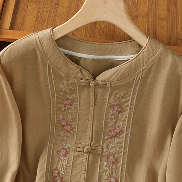 Koszula damska z kołnierzykiem w kształcie żaby z Buddha Stones, haftowanym kwiatem i elastycznym mankietem, z rękawem trzy czwarte - image 8