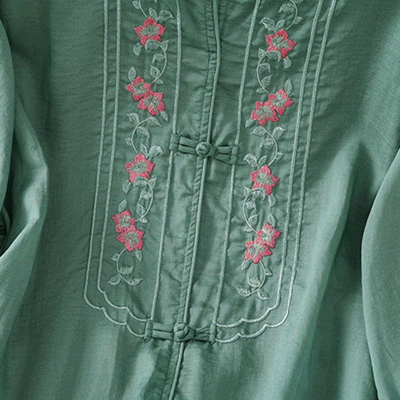 Koszula damska z kołnierzykiem w kształcie żaby z Buddha Stones, haftowanym kwiatem i elastycznym mankietem, z rękawem trzy czwarte - image 4