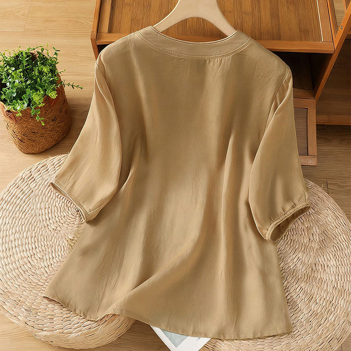 Koszula damska z kołnierzykiem w kształcie żaby z Buddha Stones, haftowanym kwiatem i elastycznym mankietem, z rękawem trzy czwarte - image 7