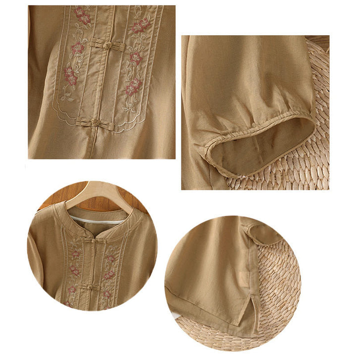 Koszula damska z kołnierzykiem w kształcie żaby z Buddha Stones, haftowanym kwiatem i elastycznym mankietem, z rękawem trzy czwarte - image 14