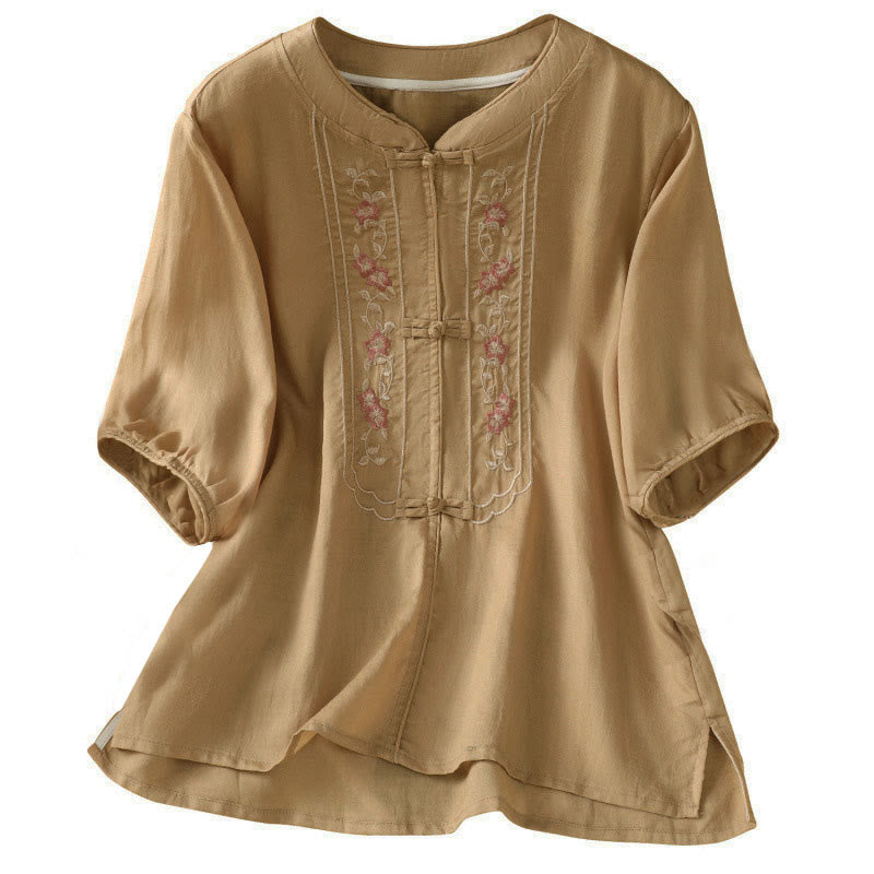 Koszula damska z kołnierzykiem w kształcie żaby z Buddha Stones, haftowanym kwiatem i elastycznym mankietem, z rękawem trzy czwarte - image 13