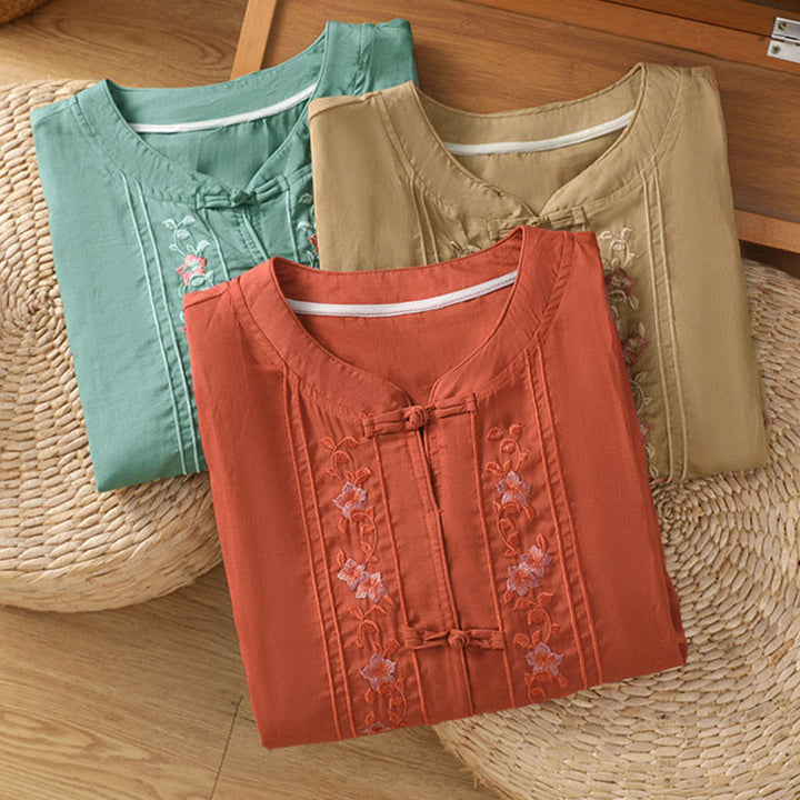 Koszula damska z kołnierzykiem w kształcie żaby z Buddha Stones, haftowanym kwiatem i elastycznym mankietem, z rękawem trzy czwarte - image 21