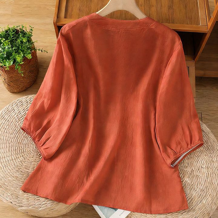 Koszula damska z kołnierzykiem w kształcie żaby z Buddha Stones, haftowanym kwiatem i elastycznym mankietem, z rękawem trzy czwarte - image 16