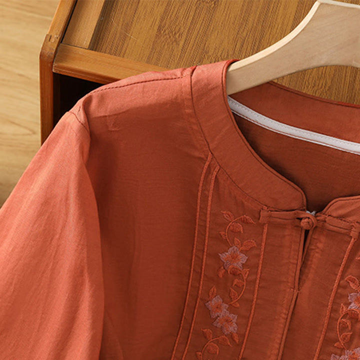 Koszula damska z kołnierzykiem w kształcie żaby z Buddha Stones, haftowanym kwiatem i elastycznym mankietem, z rękawem trzy czwarte - image 18