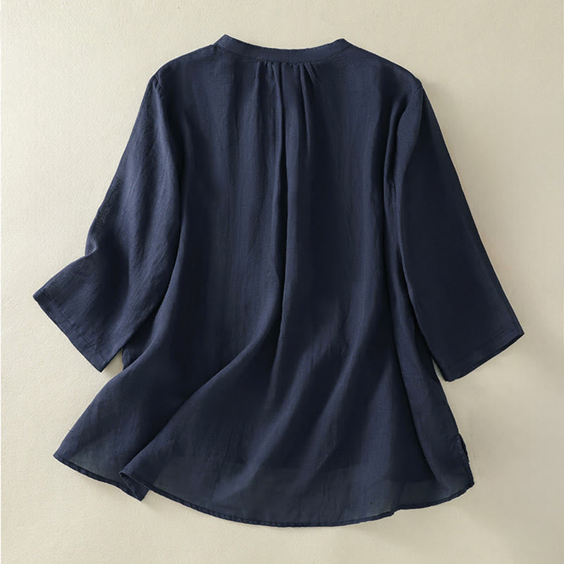 Buddha Stones Koszula damska bawełniana z haftem, plisowanym wzorem, stójką, rękawem trzy czwarte i rozcięciem na dole - image 1