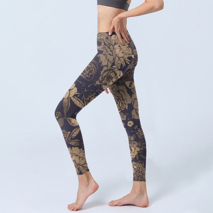 Buddha Stones Legginsy do jogi damskie w stylu retro z nadrukiem kwiatów, motyli i liści - image 2