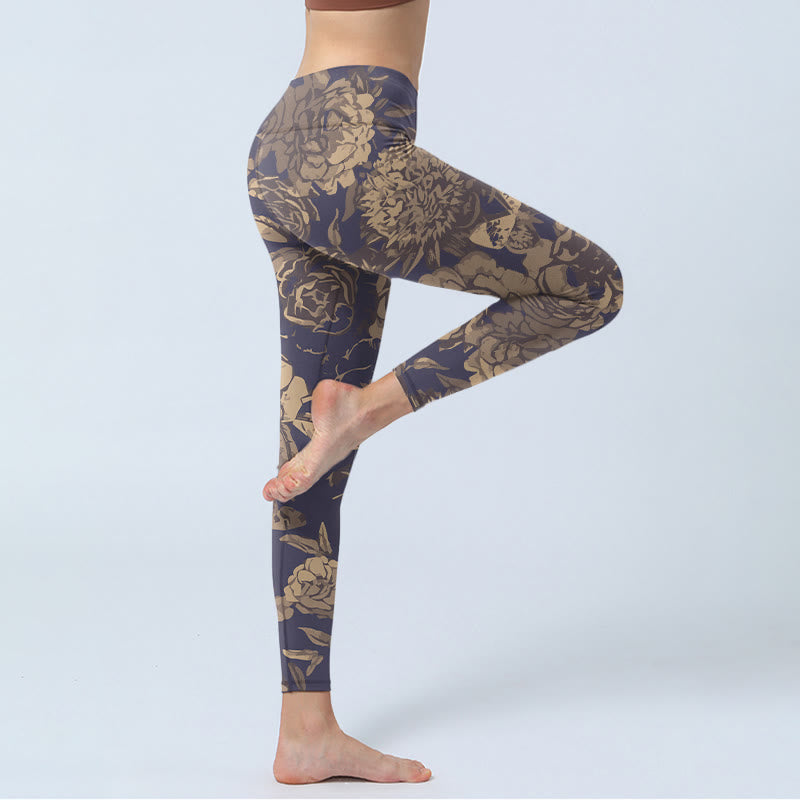 Buddha Stones Legginsy do jogi damskie w stylu retro z nadrukiem kwiatów, motyli i liści - image 3