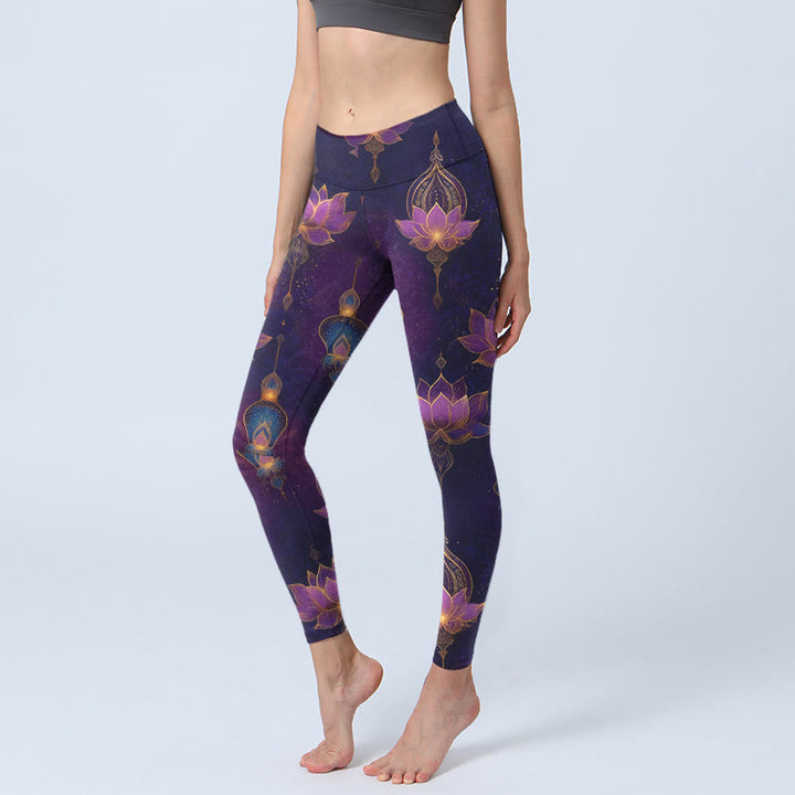 Buddha Stones Damskie legginsy do jogi z nadrukiem w kształcie kwiatu lotosu i latarni - Indygo - US18, UK/AU22, EU50 (4XL) - image 0