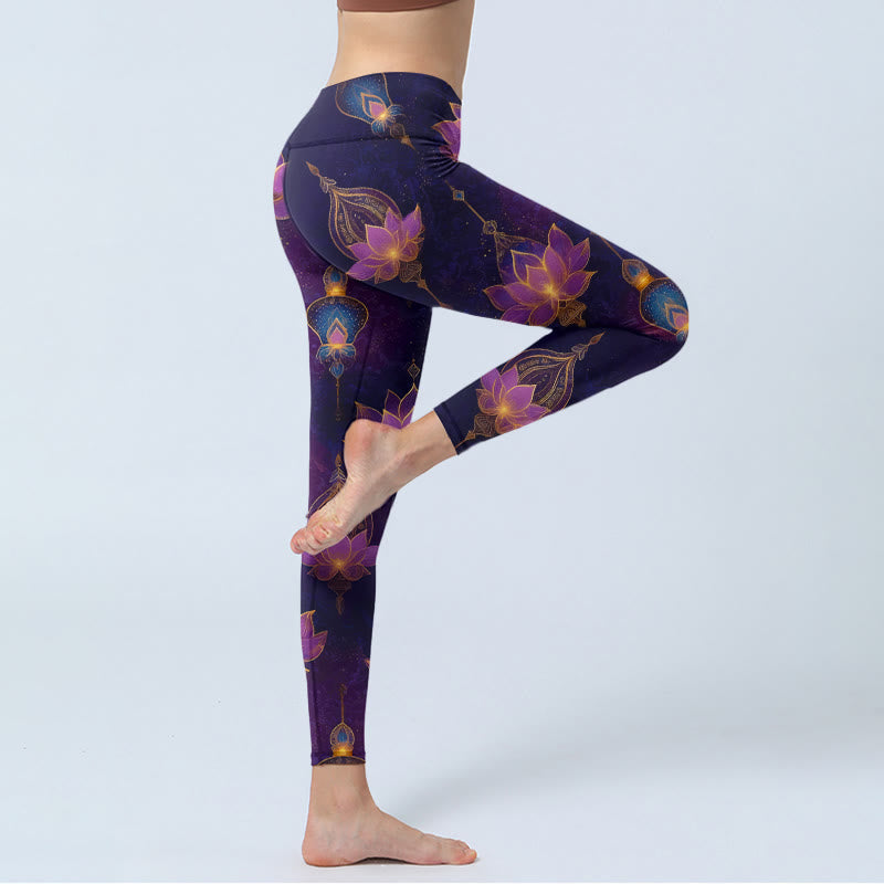 Buddha Stones Damskie legginsy do jogi z nadrukiem w kształcie kwiatu lotosu i latarni - image 3