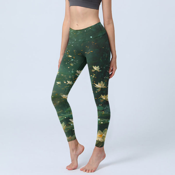 Buddha Stones Damskie legginsy do jogi z nadrukiem w kwiaty lotosu w kształcie liści - Ciemnozielony - US18, UK/AU22, EU50 (4XL) - image 0