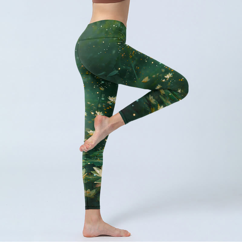 Buddha Stones Damskie legginsy do jogi z nadrukiem w kwiaty lotosu w kształcie liści - image 3