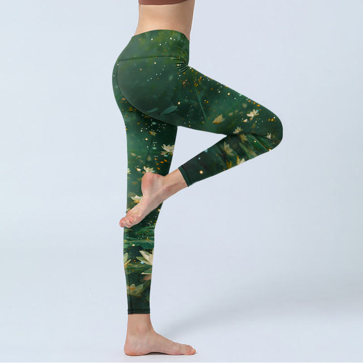 Buddha Stones Damskie legginsy do jogi z nadrukiem w kwiaty lotosu w kształcie liści - image 3